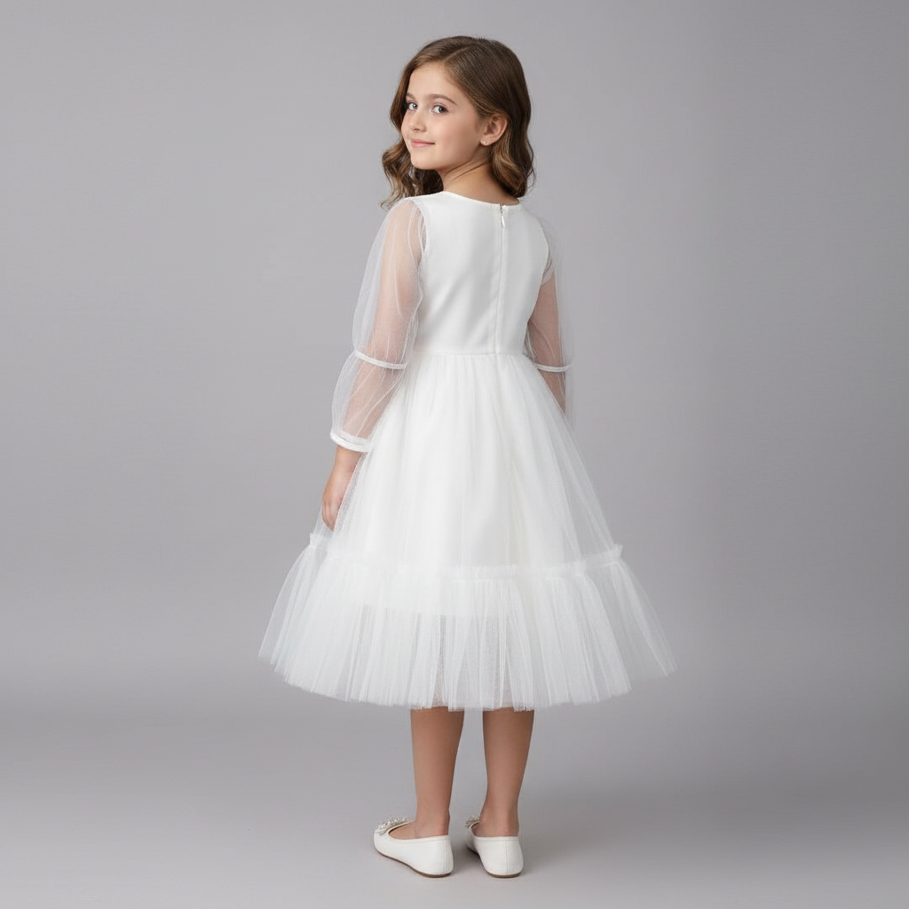 Girls White Soft-Net Layered Princess Party Dress