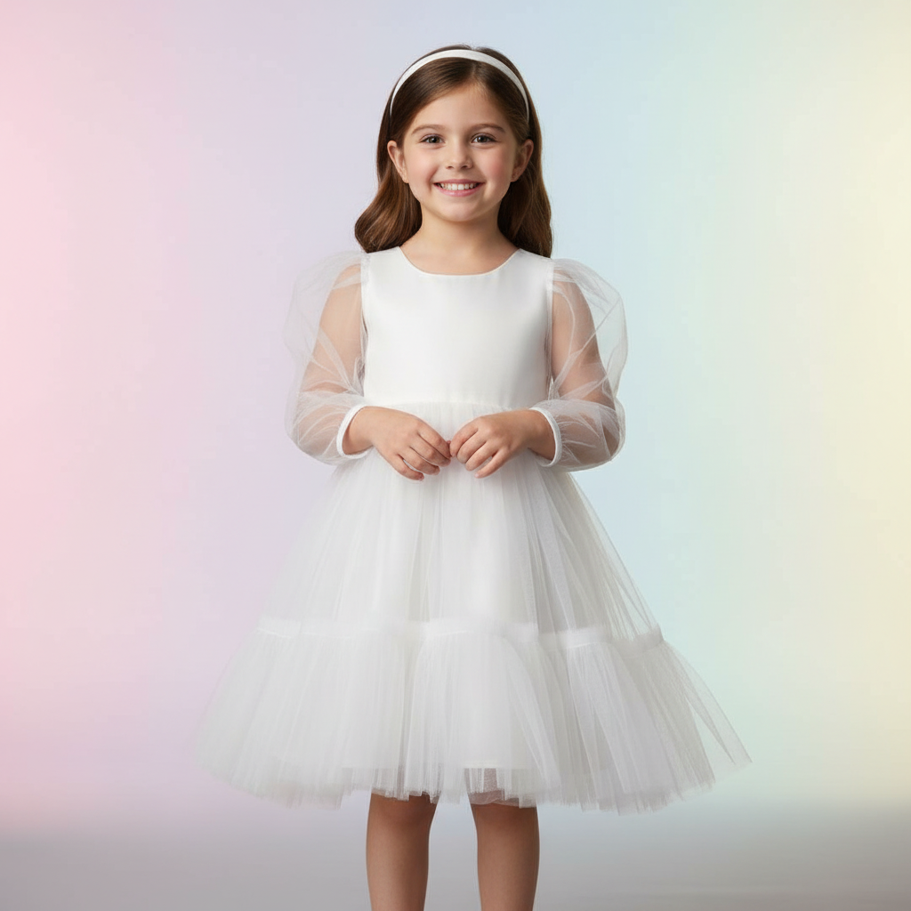 Girls White Soft-Net Layered Princess Party Dress