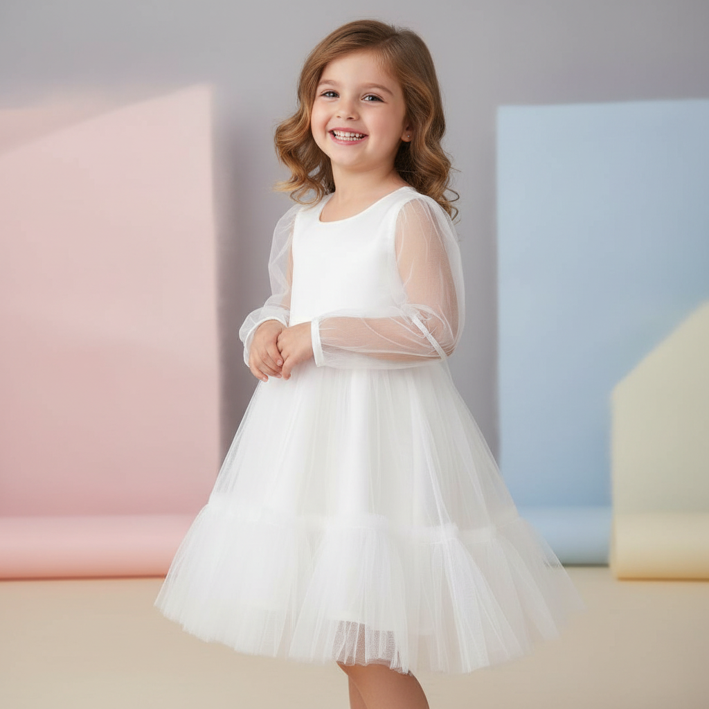 Girls White Soft-Net Layered Princess Party Dress