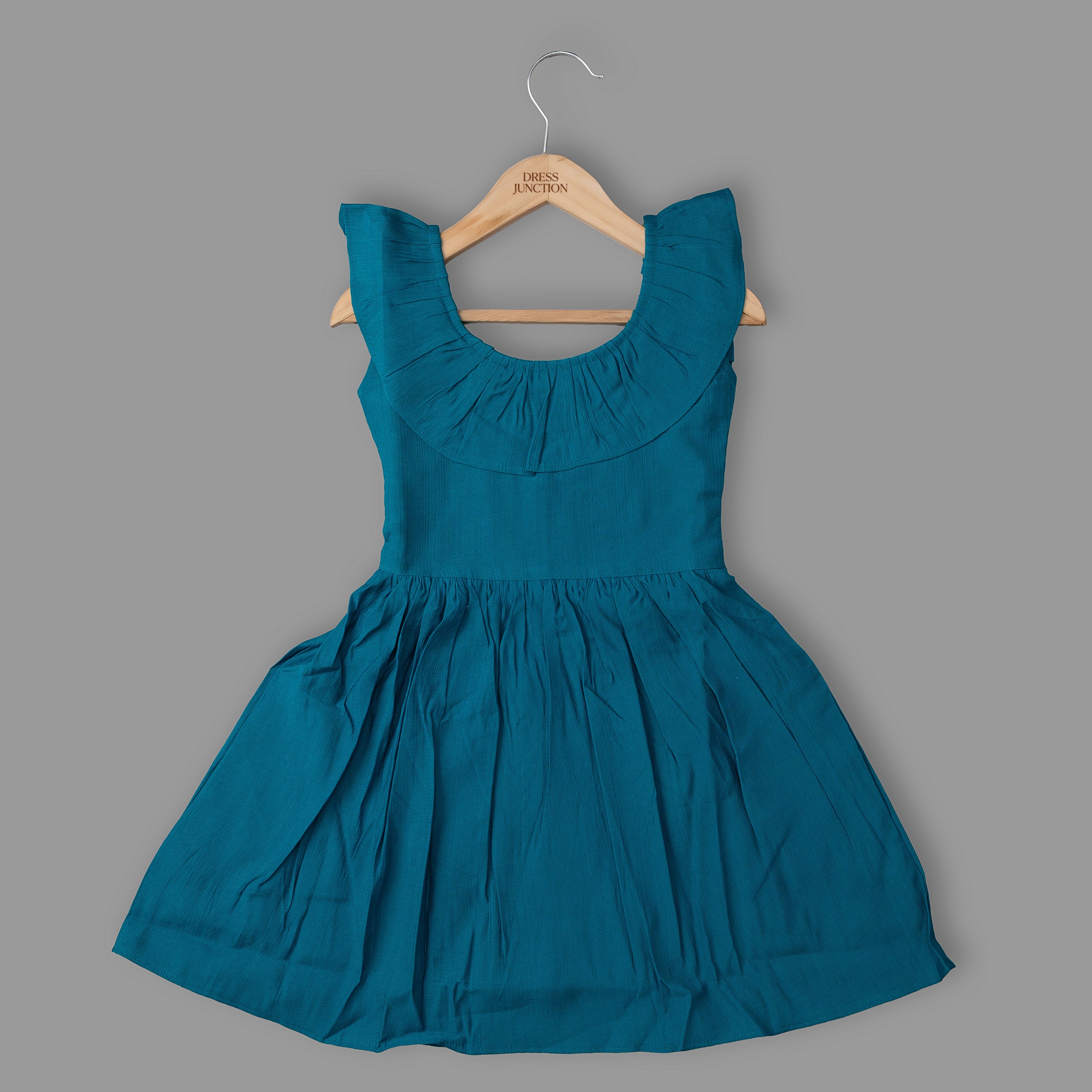 Girls Teal Cotton-Blend Ruffle Collar Dress