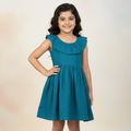 Girls Teal Cotton-viscose  Ruffle Collar Dress