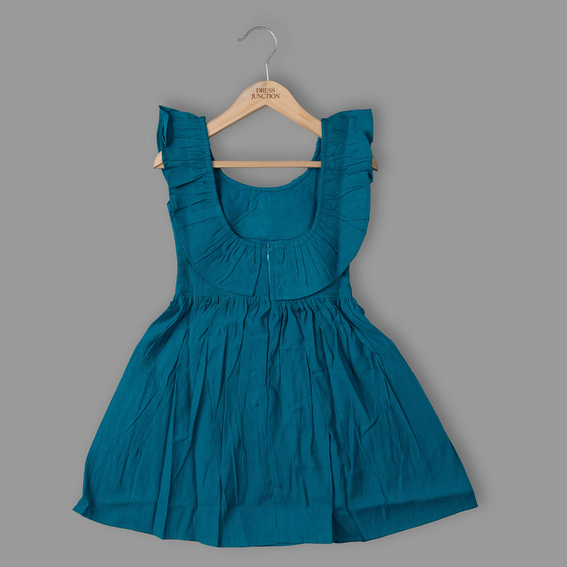 Girls Teal Cotton-Blend Ruffle Collar Dress