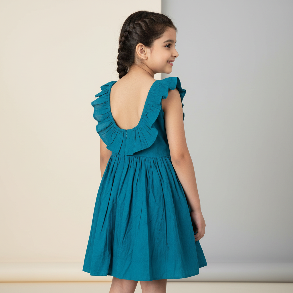 Teal dress on a hanger against a gray background