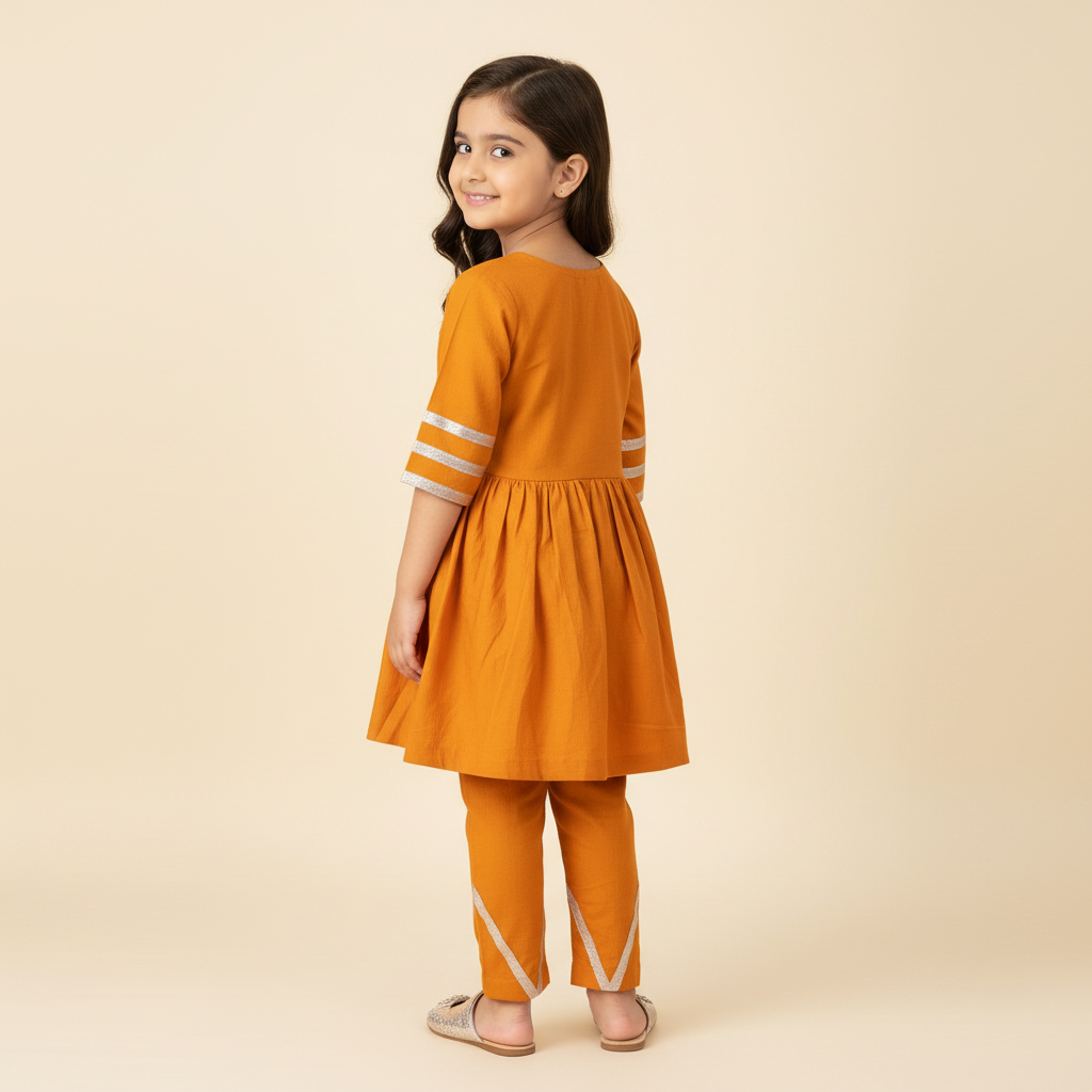 Girls Mustard Cotton-Viscose Kurti & Pant Set with Silver Tape Work