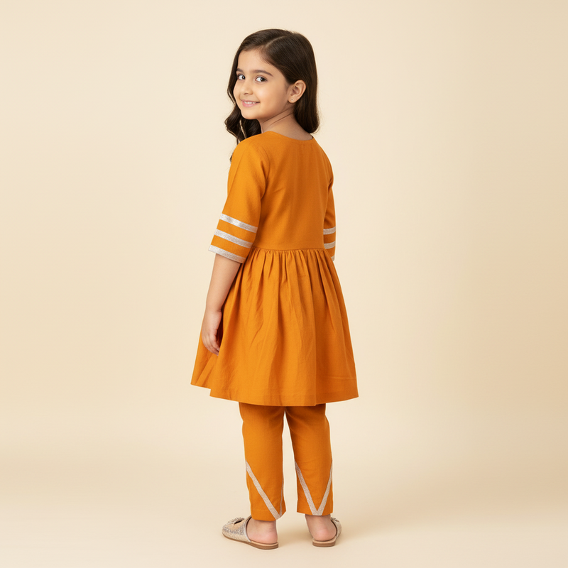 Girls Mustard Cotton-Viscose Kurti & Pant Set with Silver Tape Work