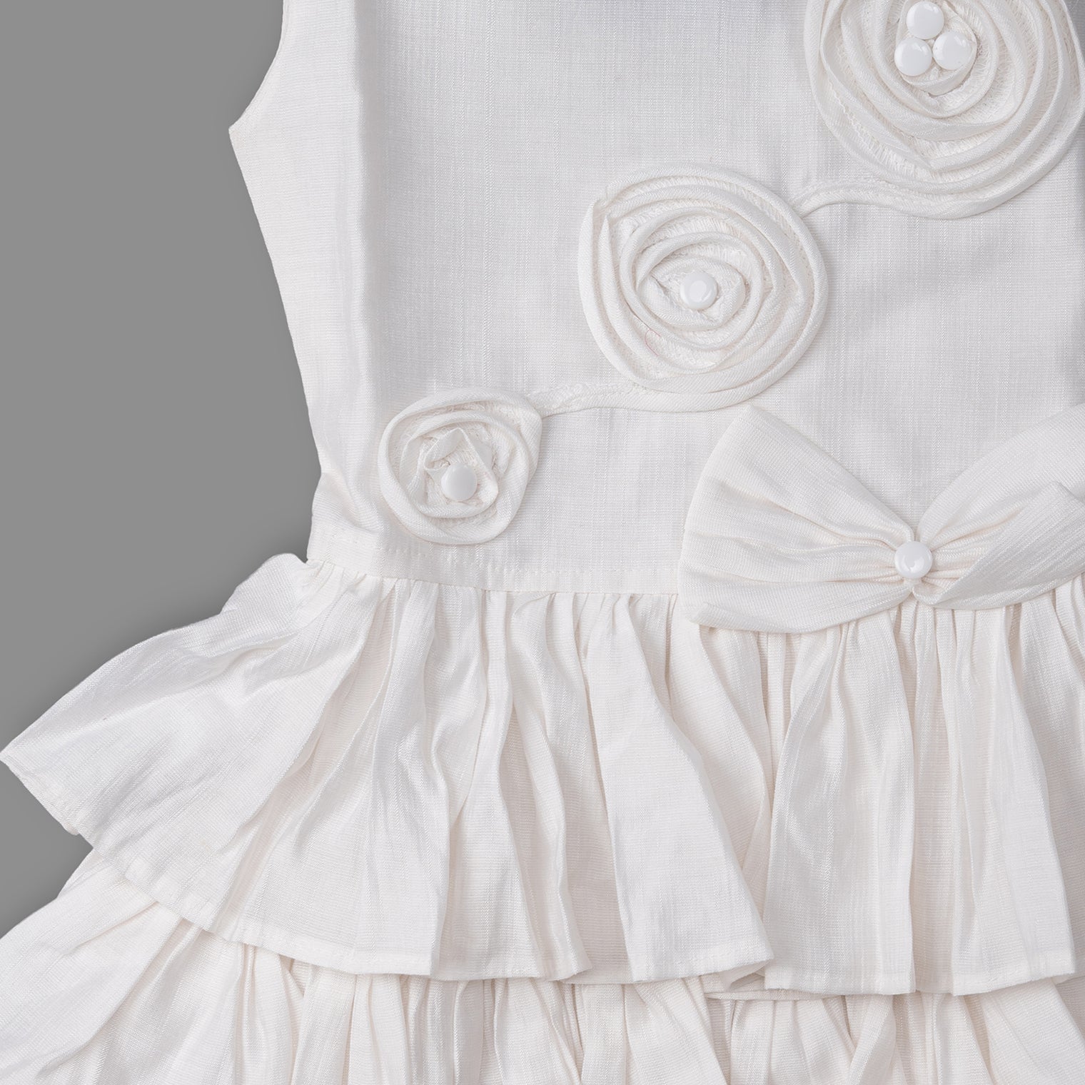 Girls White Tiered Ruffle Dress with Handmade Floral Details