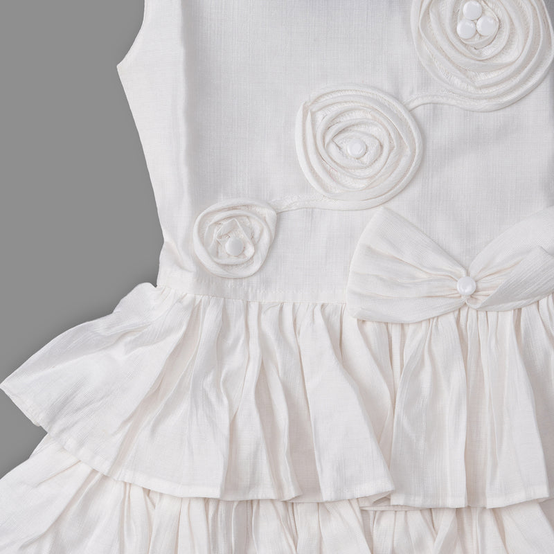 Girls White Tiered Ruffle Dress with Handmade Floral Details