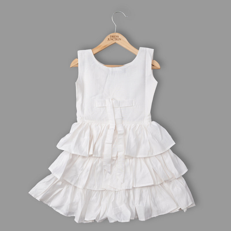Girls White Tiered Ruffle Dress with Handmade Floral Details