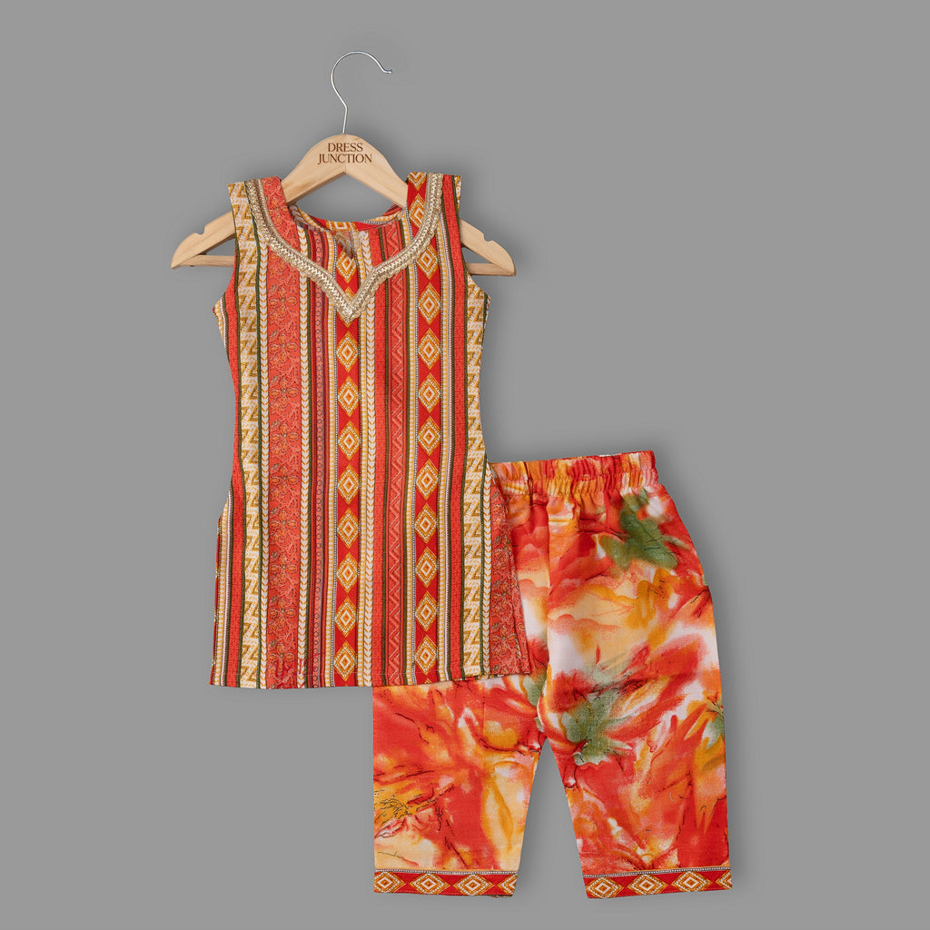 Girls Multicolor Magic Cotton Printed Kurti & Pant Set