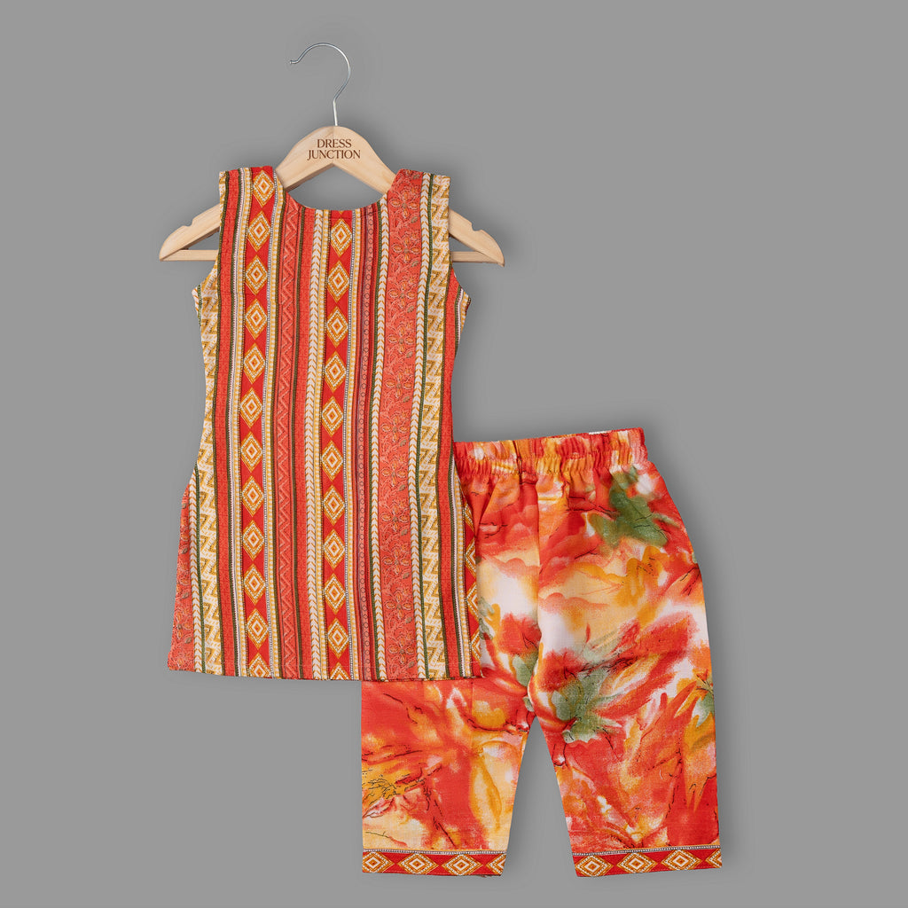 Girls Multicolor Magic Cotton Printed Kurti & Pant Set