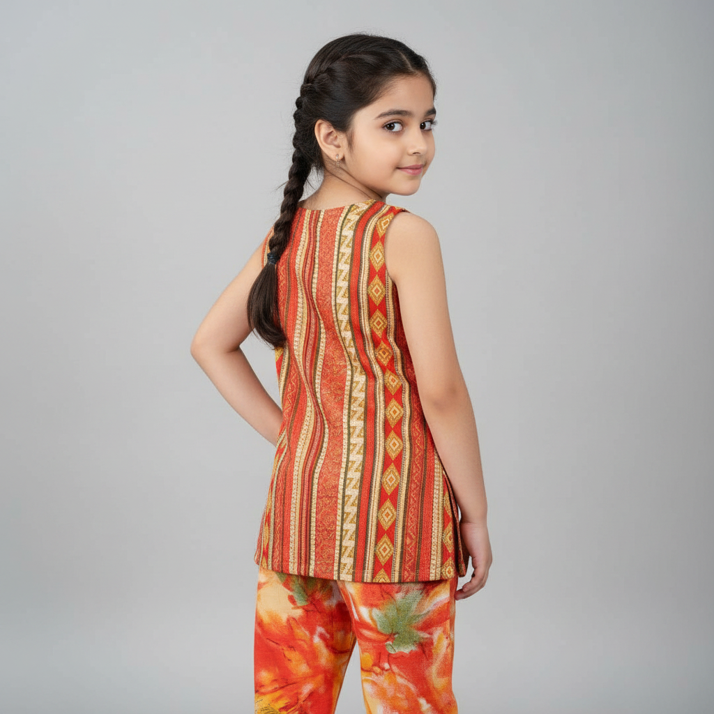Girls Multicolor Magic Cotton Printed Kurti & Pant Set