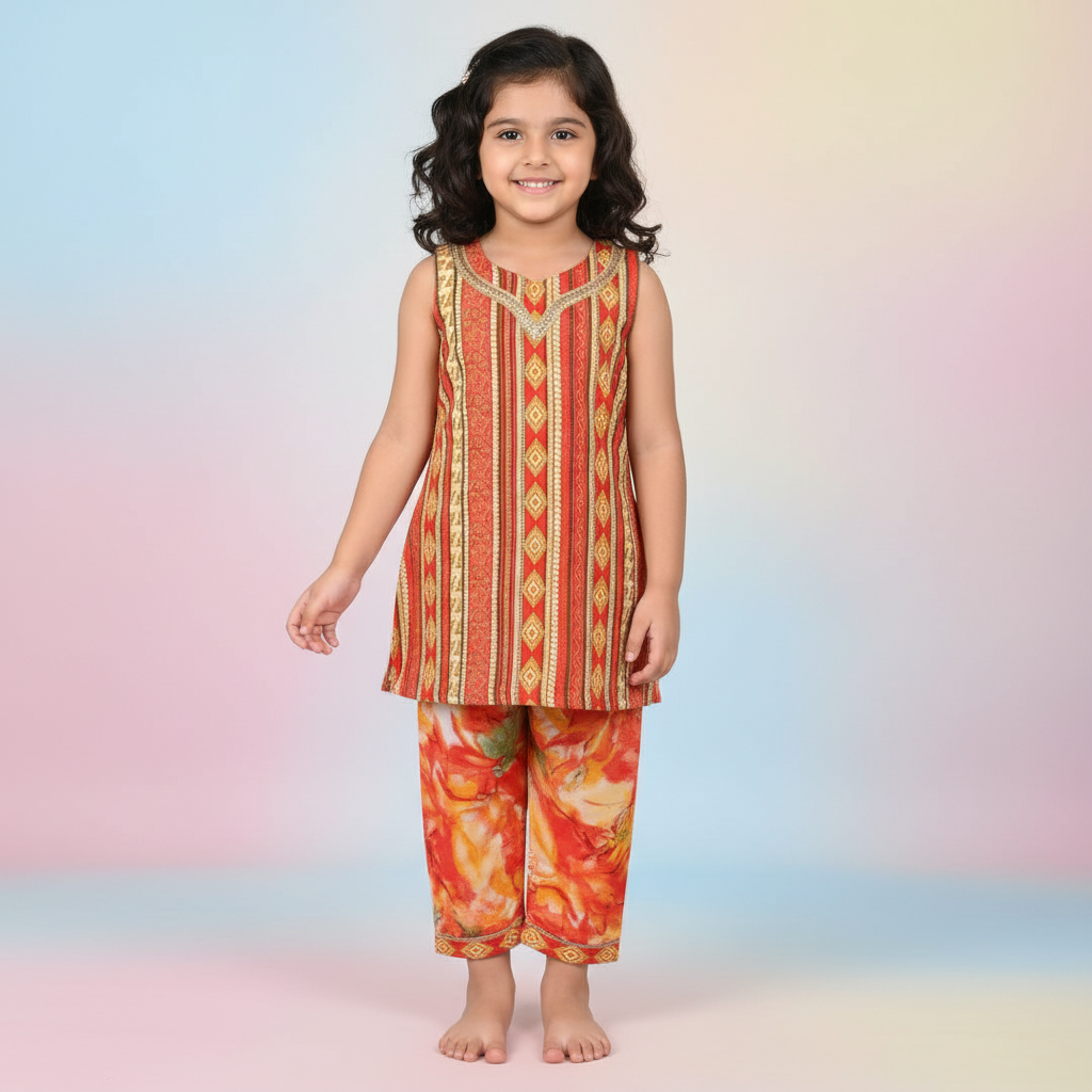 Girls Multicolor Magic Cotton Printed Kurti & Pant Set
