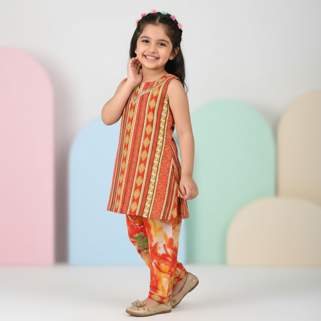 Girls Multicolor Magic Cotton Printed Kurti & Pant Set