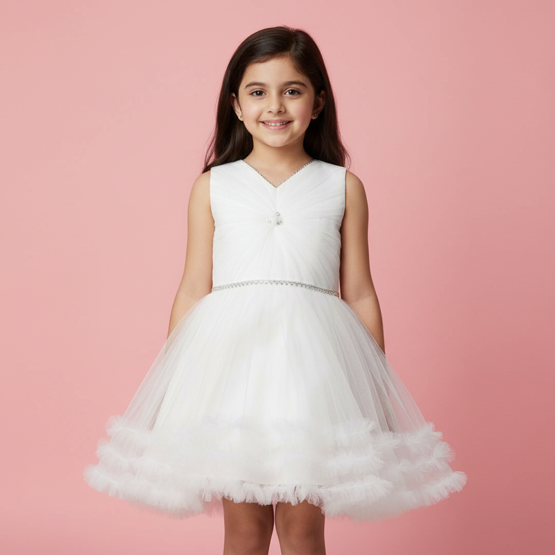 White Net Party Frock with Silk-Blend Lining