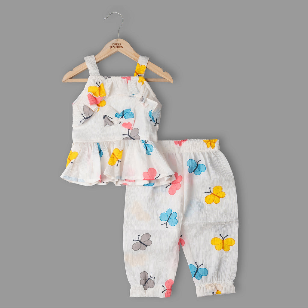 Girls White Butterfly Print Top & Pant Co-ord Set
