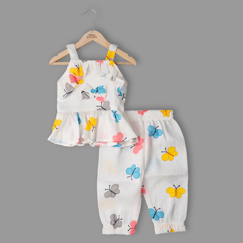 Girls White Butterfly Print Top & Pant Co-ord Set