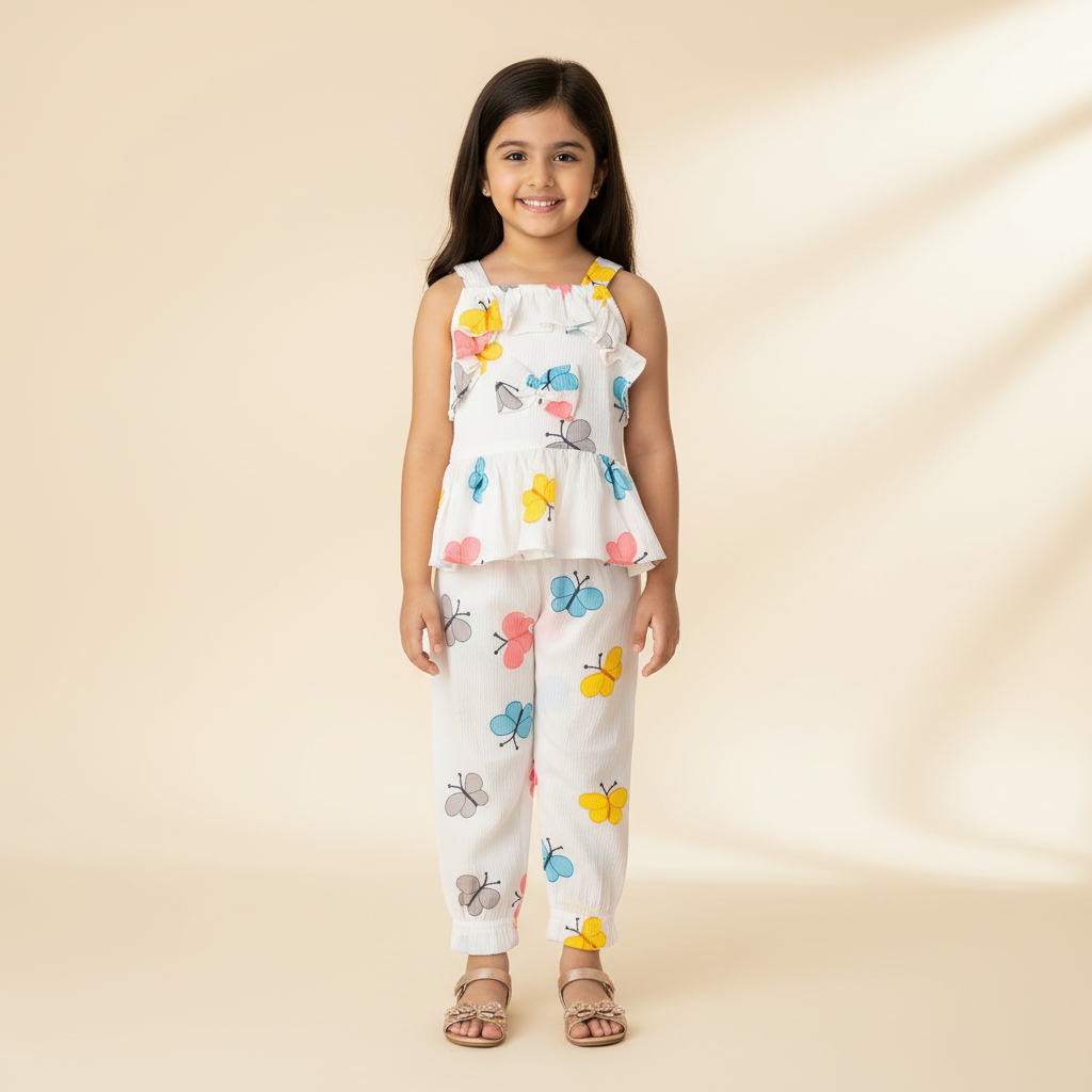 Girls White Butterfly Print Top & Pants Set – Soft Summer Wear