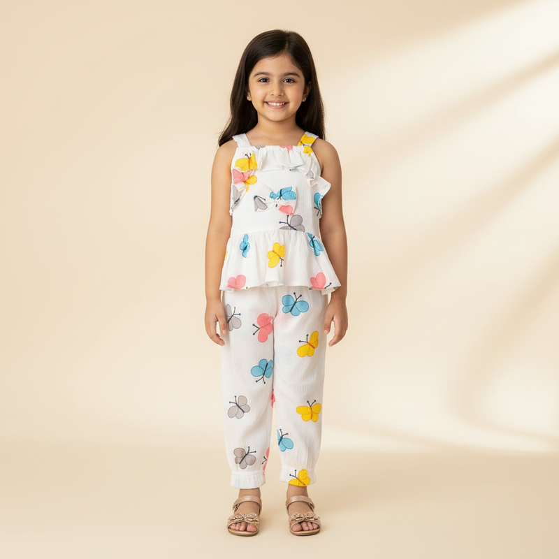 Girls White Butterfly Print Top & Pants Set – Soft Summer Wear