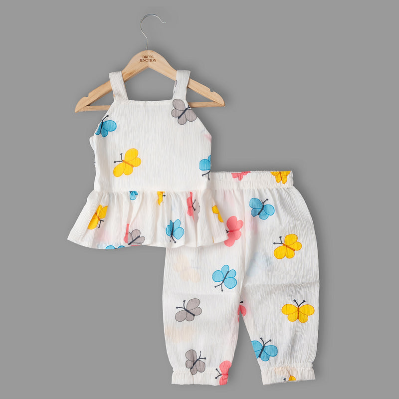 Girls White Butterfly Print Top & Pants Set – Soft Summer Wear