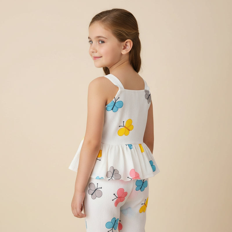 Girls White Butterfly Print Top & Pant Co-ord Set