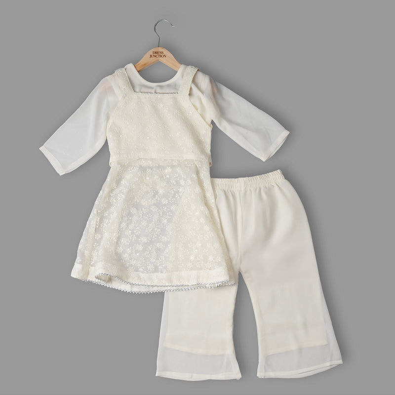 Girls White 3-Piece Georgette Kurti Set – Inner Top, Lace Kurti & Pants