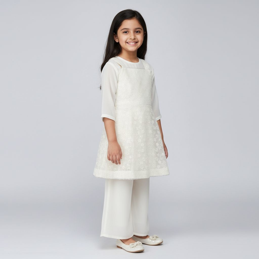 Girls White 3-Piece Georgette Kurti Set – Inner Top, Lace Kurti & Pants