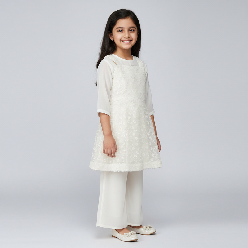 Girls White 3-Piece Georgette Kurti Set – Inner Top, Lace Kurti & Pants