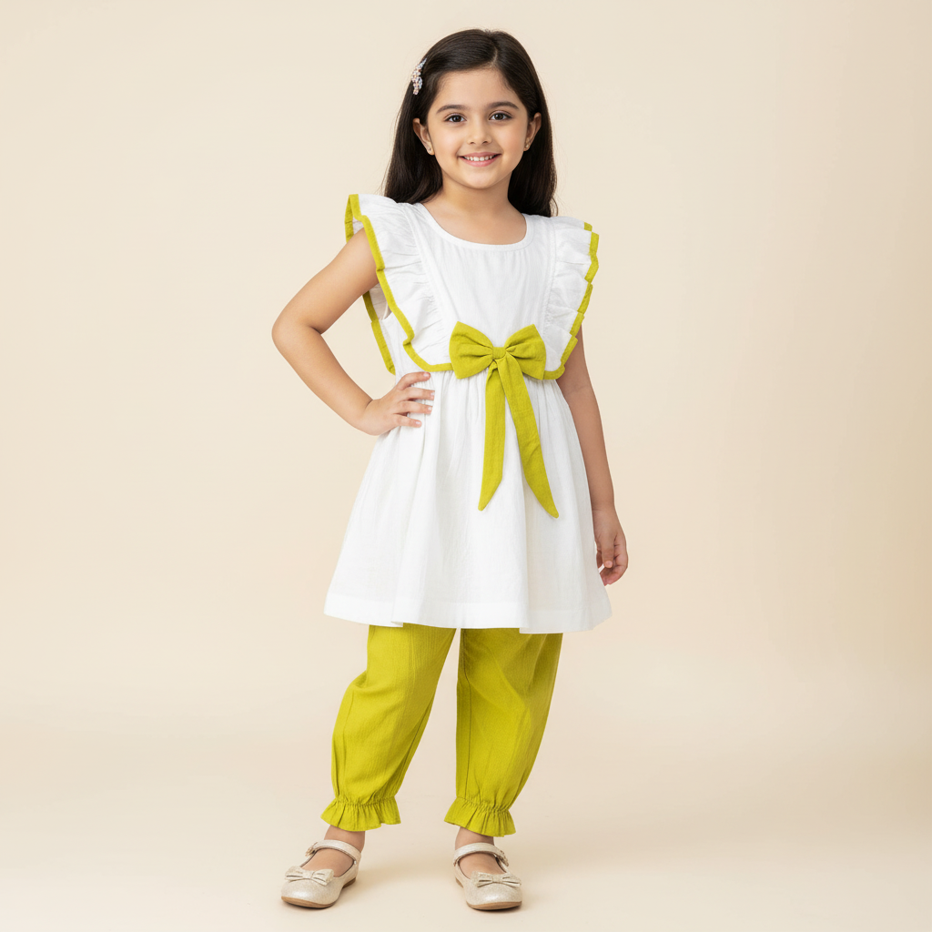Girls White & Lime Sleeveless Kurti with Belted Bow and Pants Set – Soft Cotton Viscose