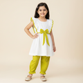 Girls White & Lime Sleeveless Kurti with Belted Bow and Pants Set  Soft Cotton Viscose