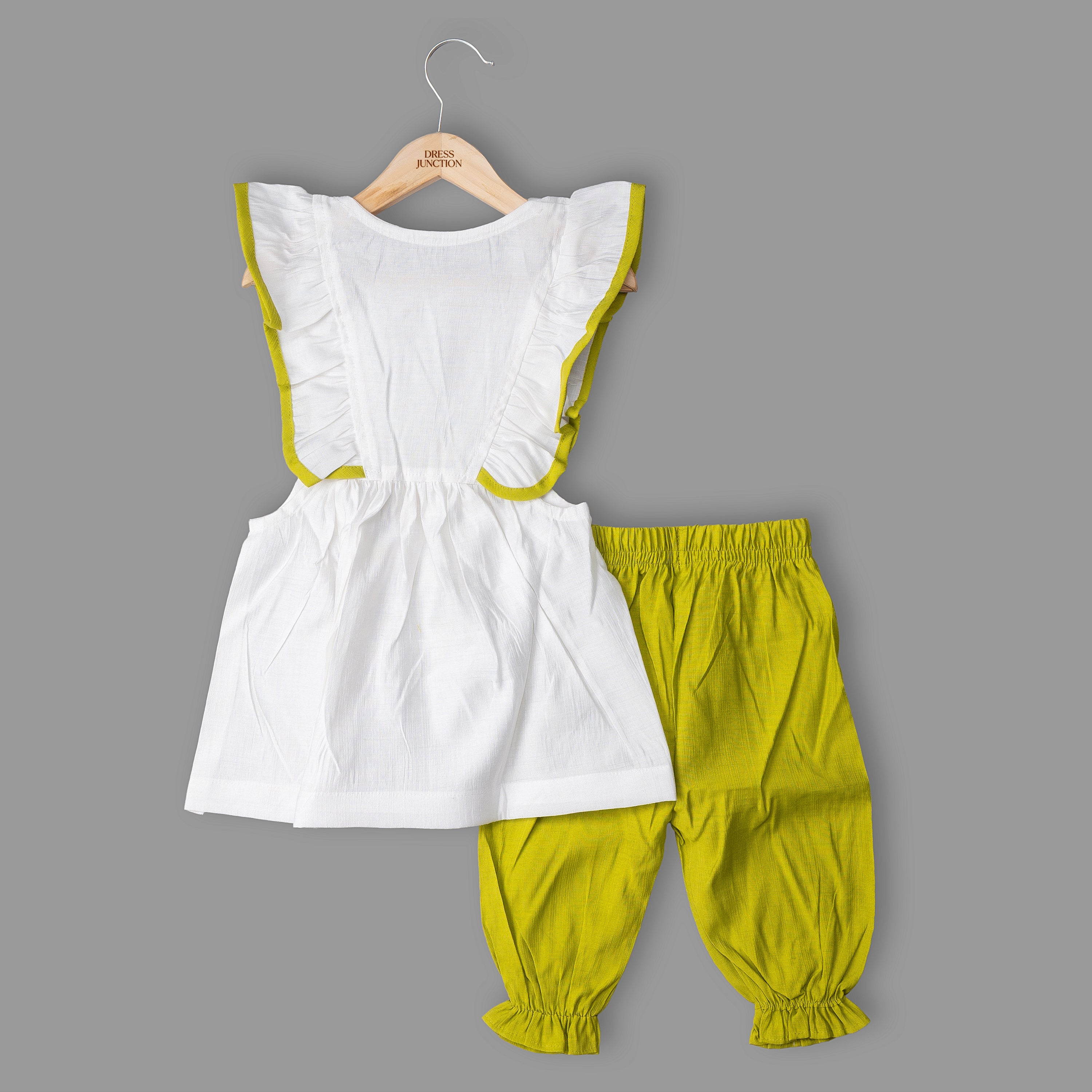 Girls White & Lime Sleeveless Kurti with Belted Bow and Pants Set – Soft Cotton Viscose
