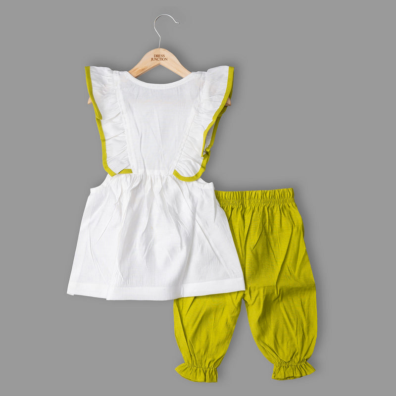 Girls White & Lime Sleeveless Kurti with Belted Bow and Pants Set – Soft Cotton Viscose