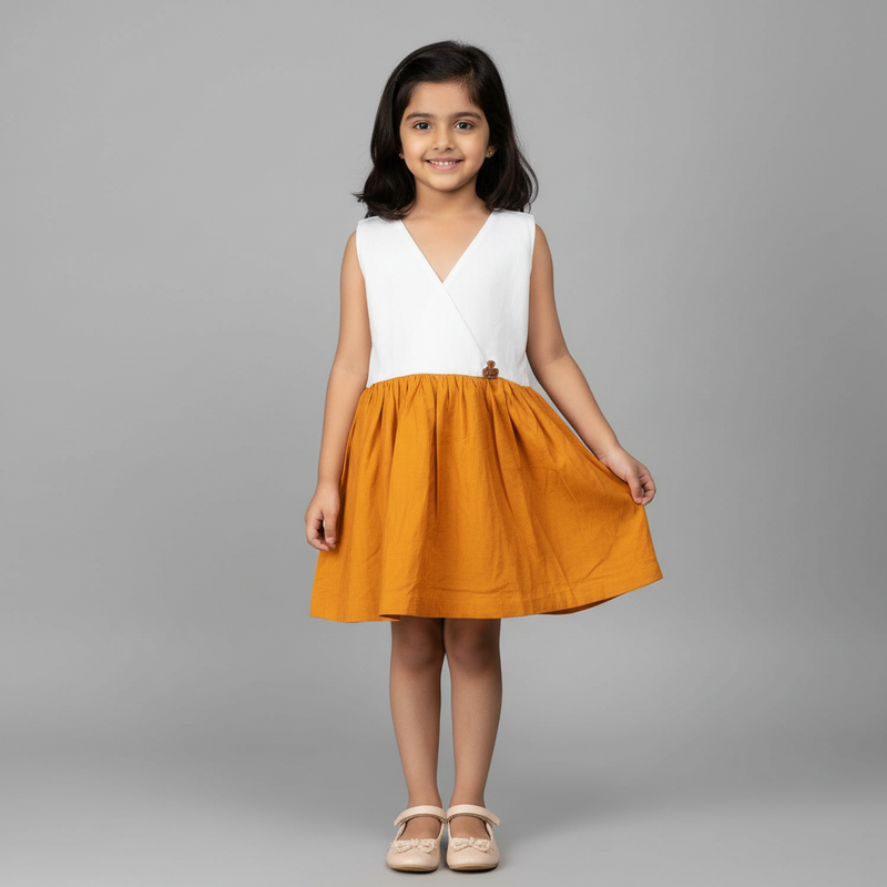 Girls White & Mustard Sleeveless Frock – Soft Shiny Cotton Blend
