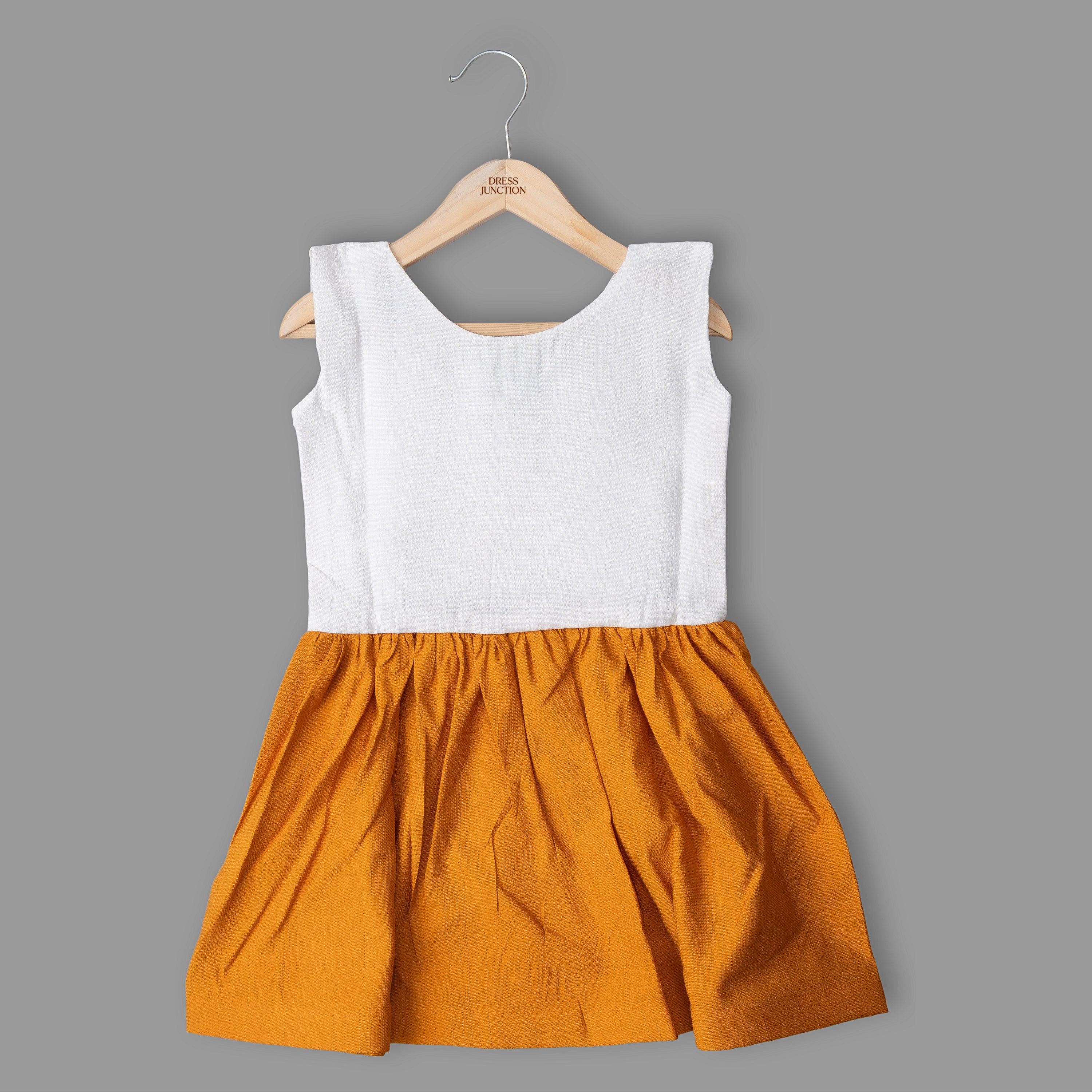 Girls White & Mustard Sleeveless Frock – Soft Shiny Cotton Blend