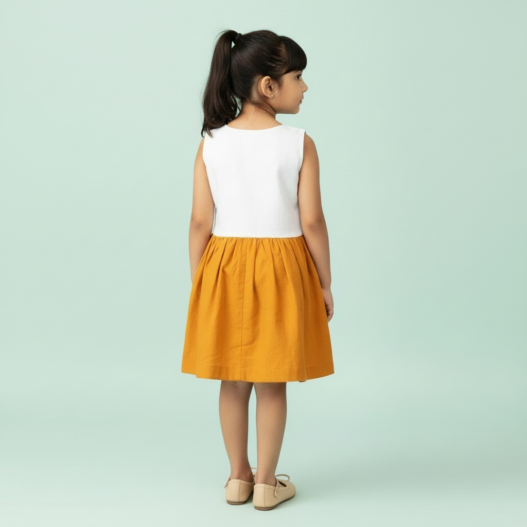 Girls White & Mustard Sleeveless Frock – Soft Shiny Cotton Blend