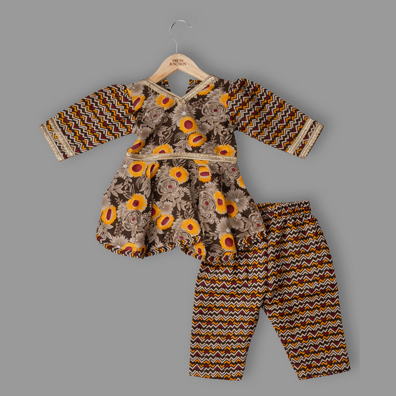 Girls Brown Floral & Zigzag Printed Kurti With Pants