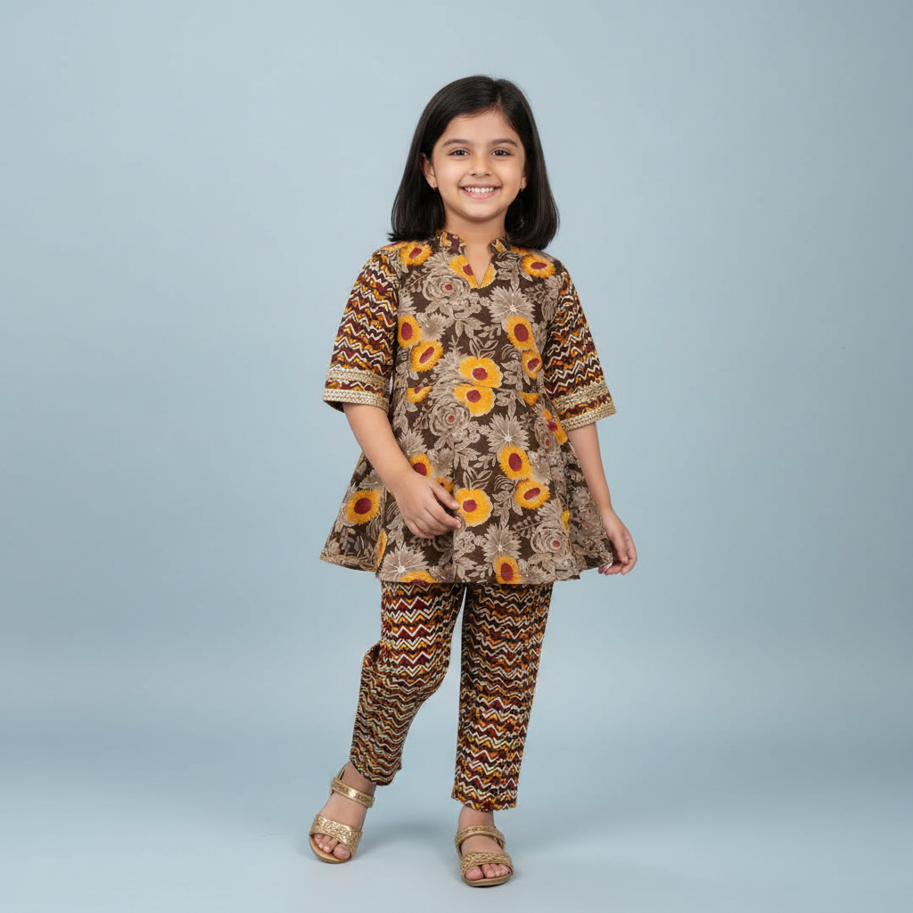 Girls Brown Floral & Zigzag Printed Kurti With Pants
