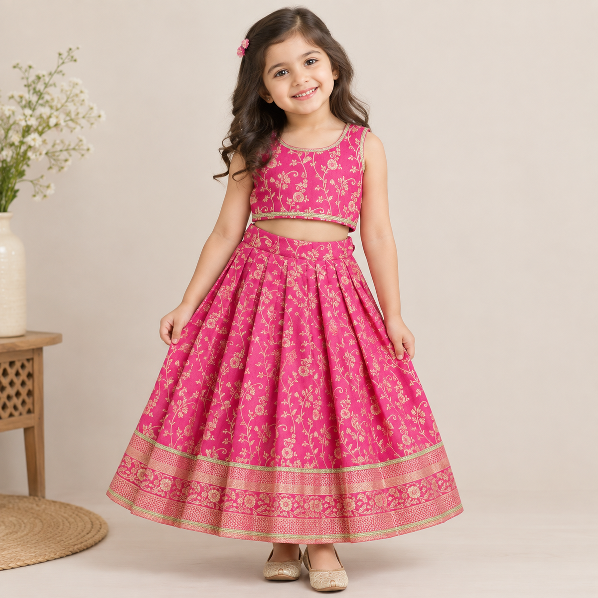 Girls Pink Banarsi Lehnga