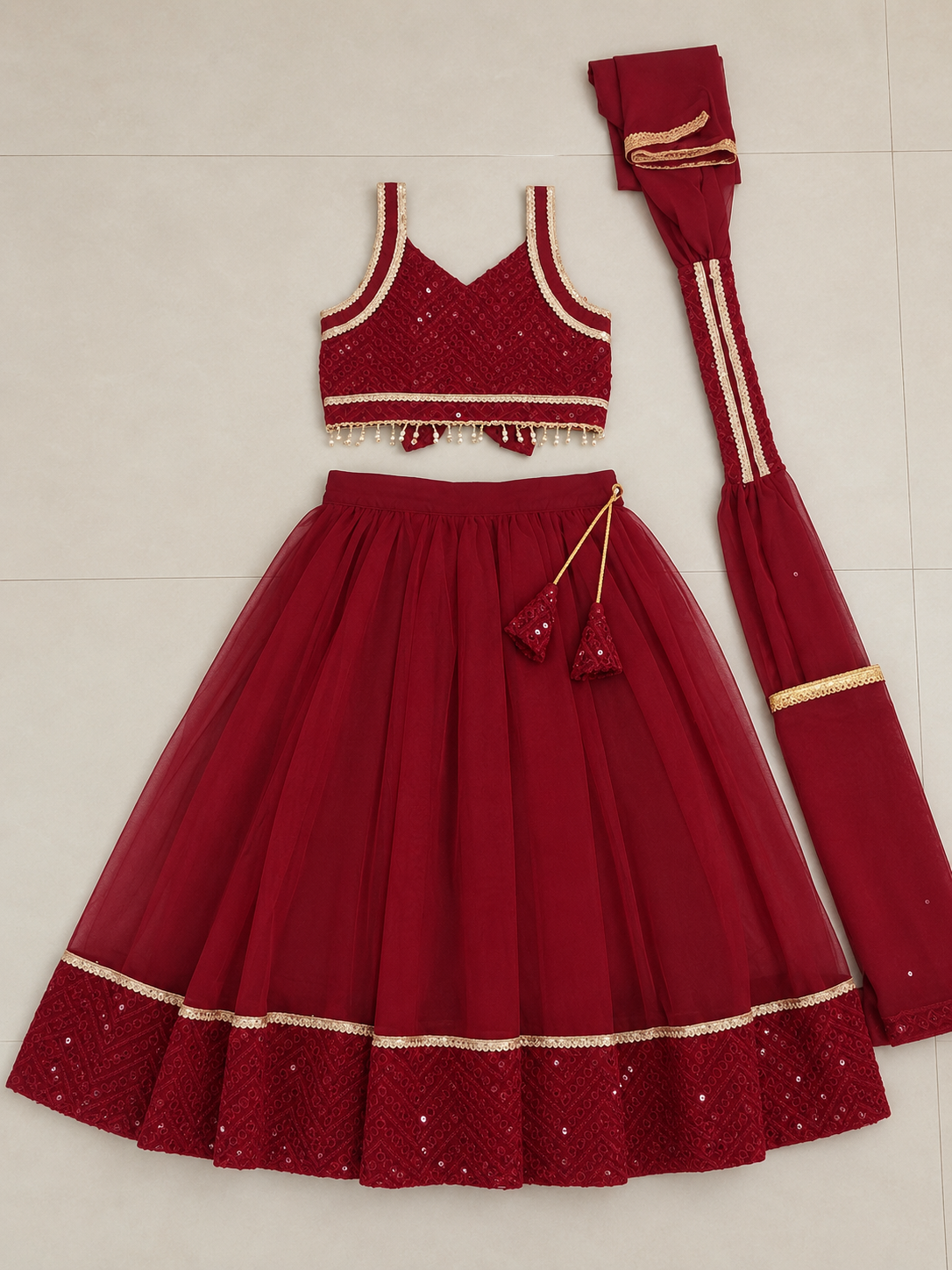 Girls Maroon Georgette Embroidered Lehnga With Dupatta