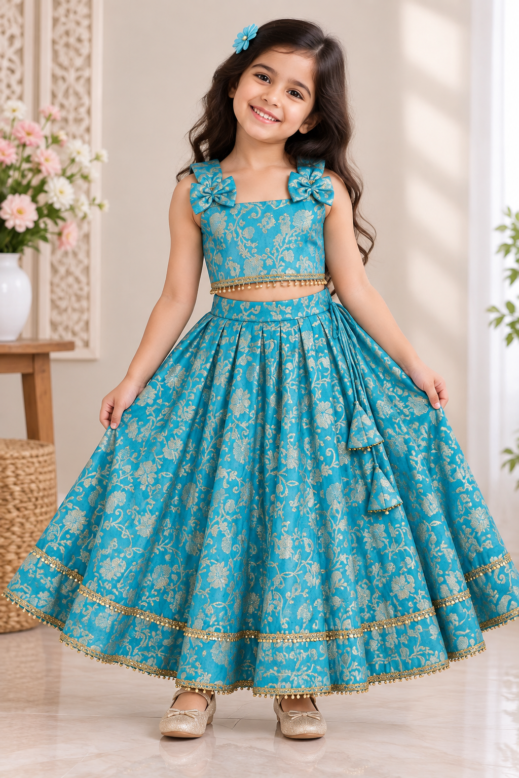 Girls Sky Blue Premium lehnga with cotton lining