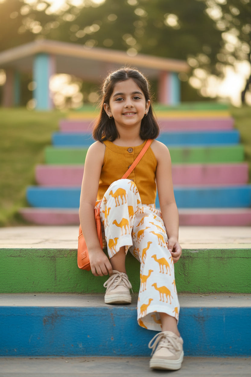 Children's outfit with mustard-colored top and white pants with camel pattern on a gray background