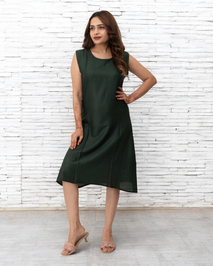 Green Plain Solid Rayon Knee Length Dress