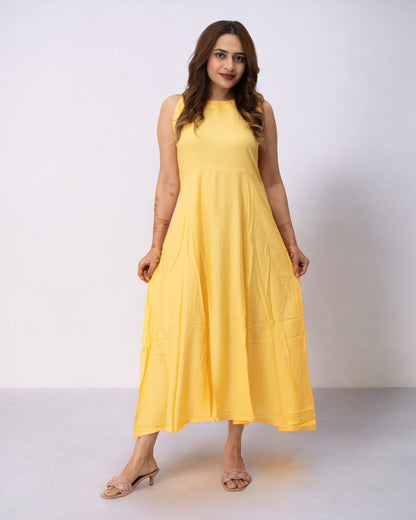 Yellow Plain Solid Rayon Long Maxi Dress