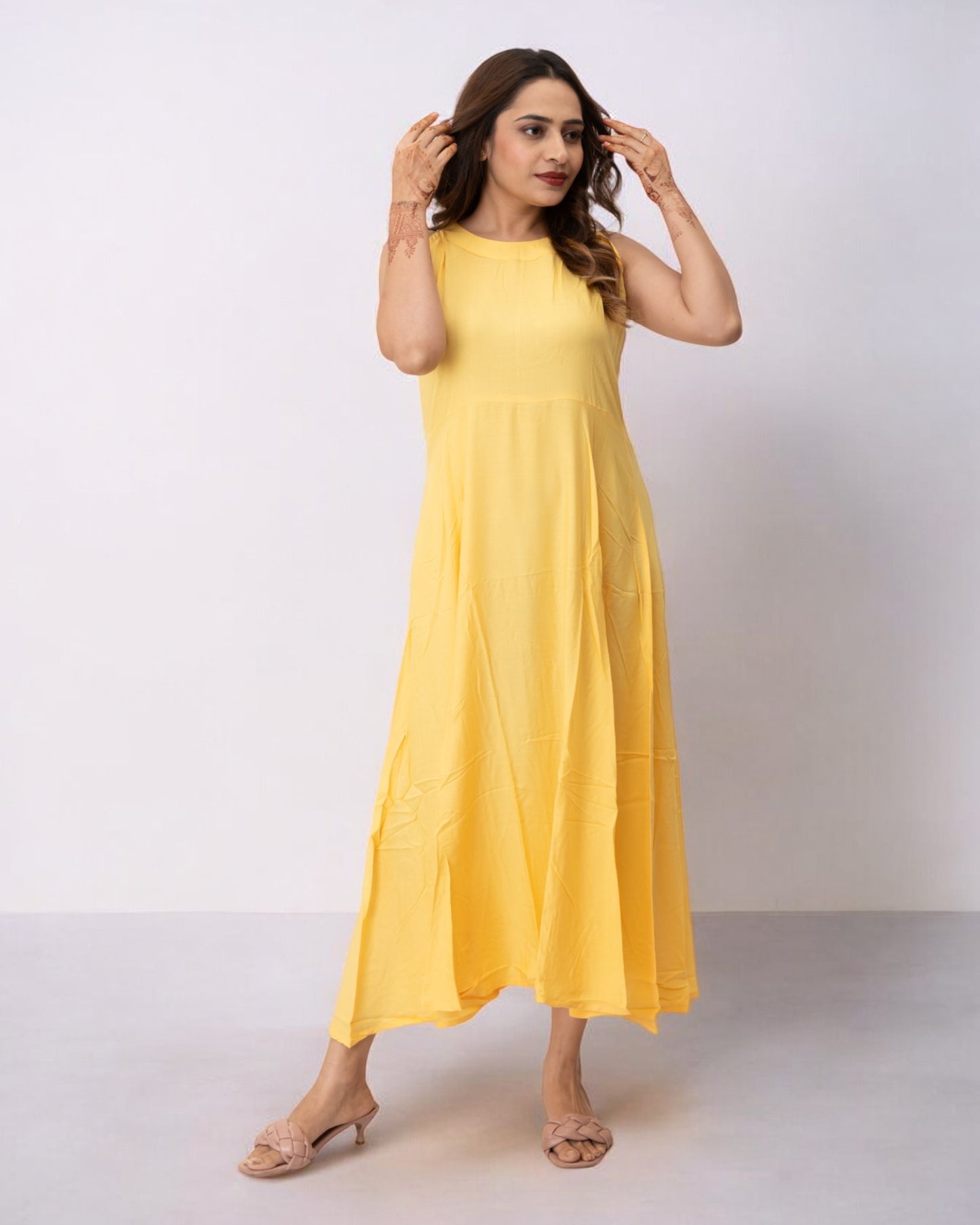 Yellow Plain Solid Rayon Long Maxi Dress