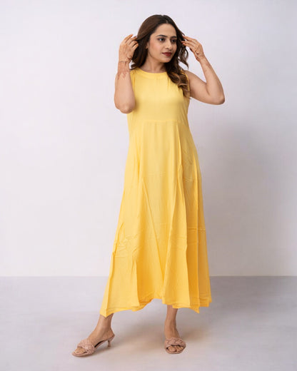 Yellow Plain Solid Rayon Long Maxi Dress