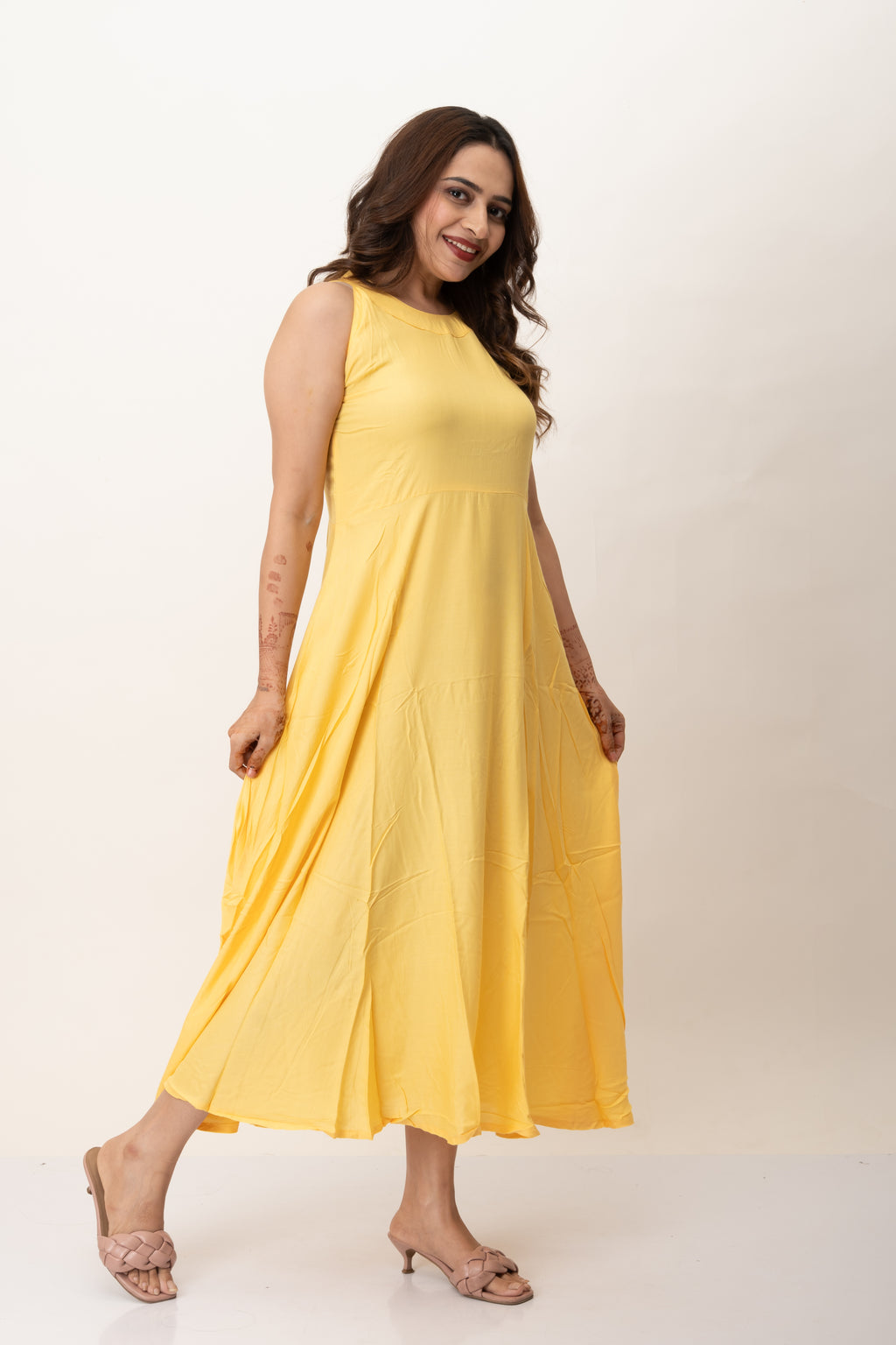 Yellow Plain Solid Rayon Long Maxi Dress