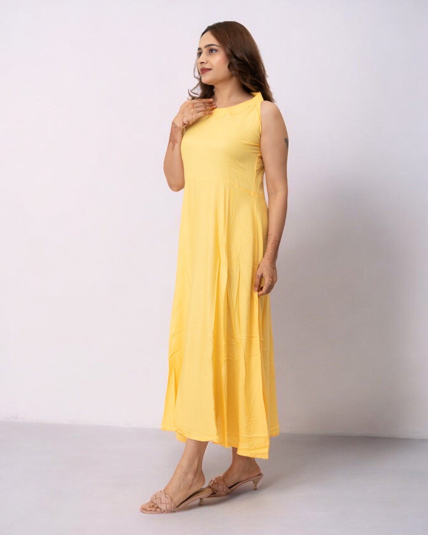 Yellow Plain Solid Rayon Long Maxi Dress