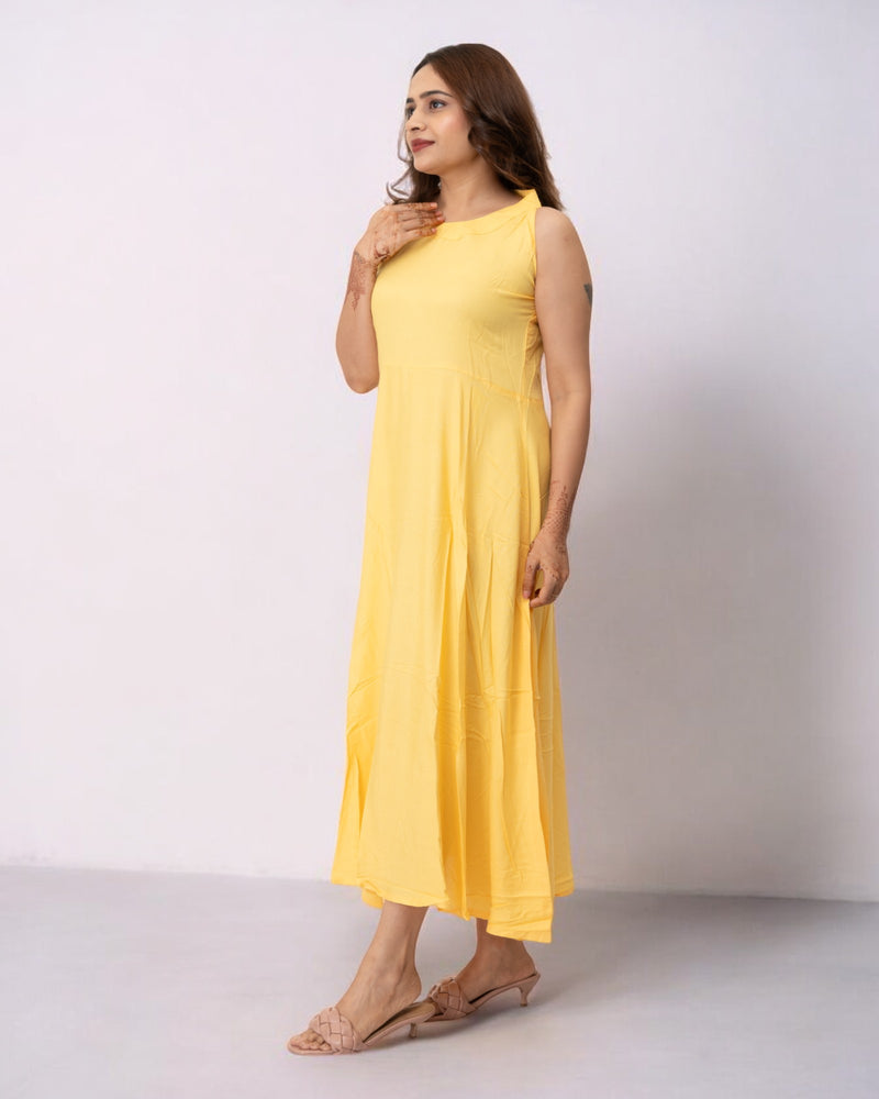 Yellow Plain Solid Rayon Long Maxi Dress
