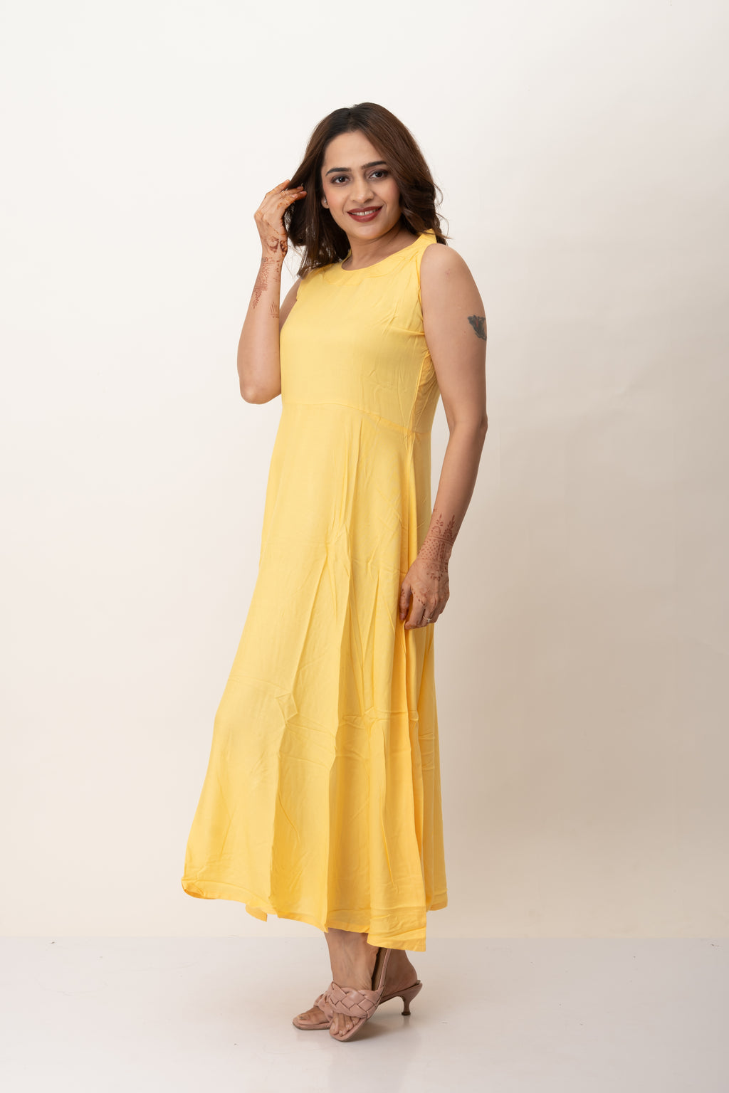Yellow Plain Solid Rayon Long Maxi Dress