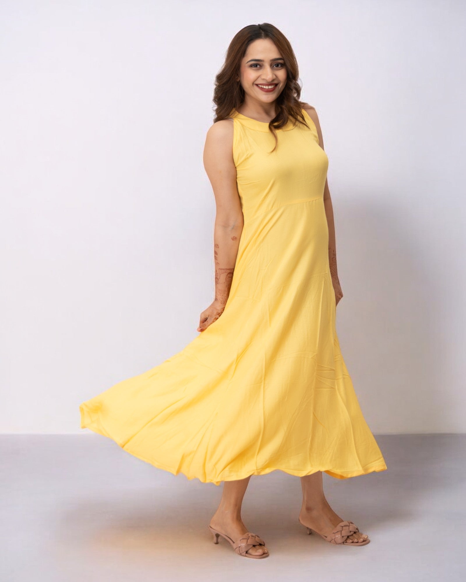 Yellow Plain Solid Rayon Long Maxi Dress