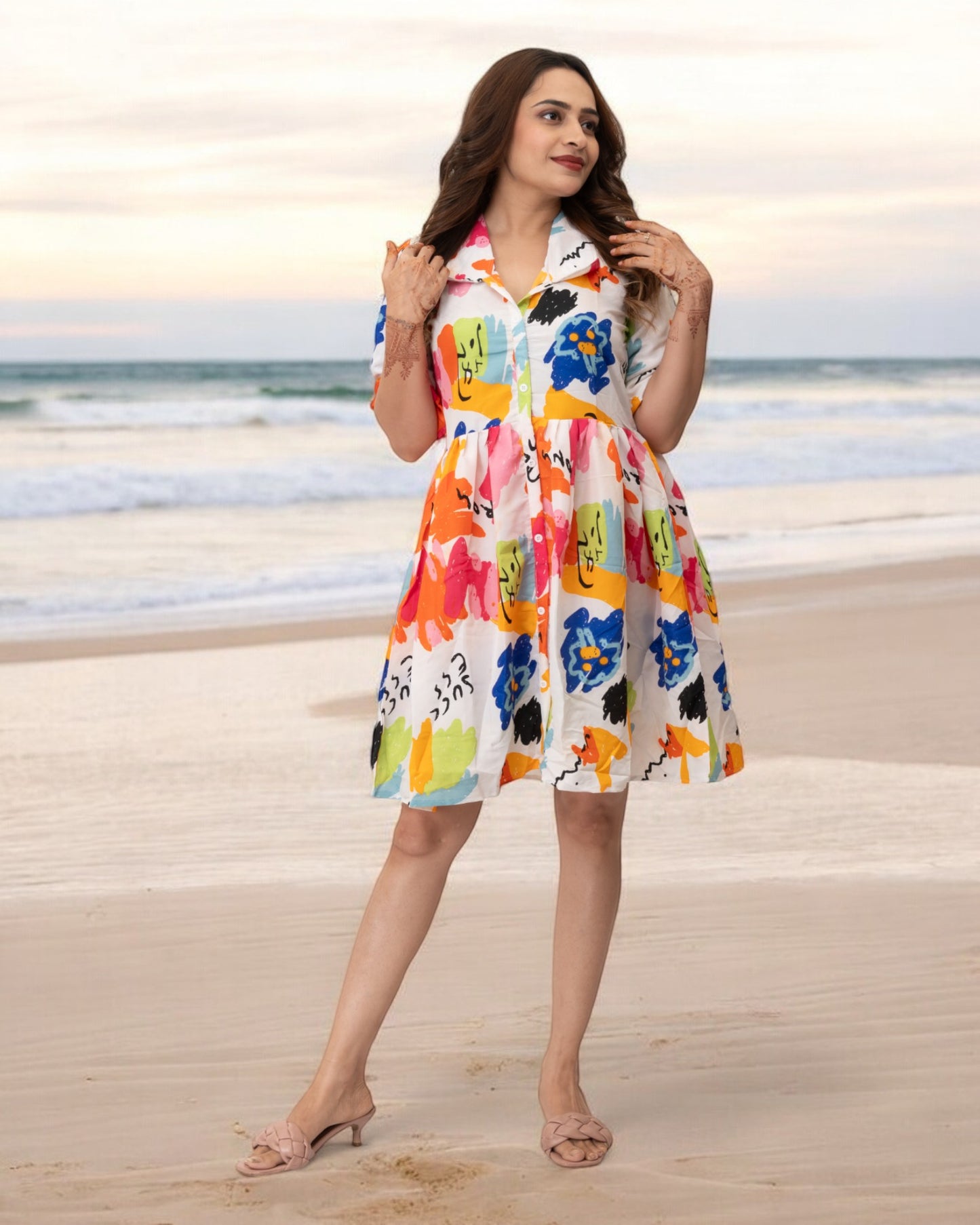 Multicolor Random Printed Polyester Mini Dress